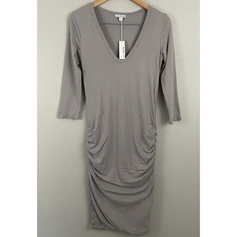 James Perse Womens 3 (L) Gray V Neck Skinny Dress Ruched 3/4 Sleeve Bodycon